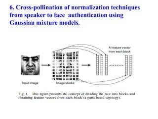 6. Cross-pollination of normalization techniques
from speaker to face authentication using
Gaussian mixture models.
 