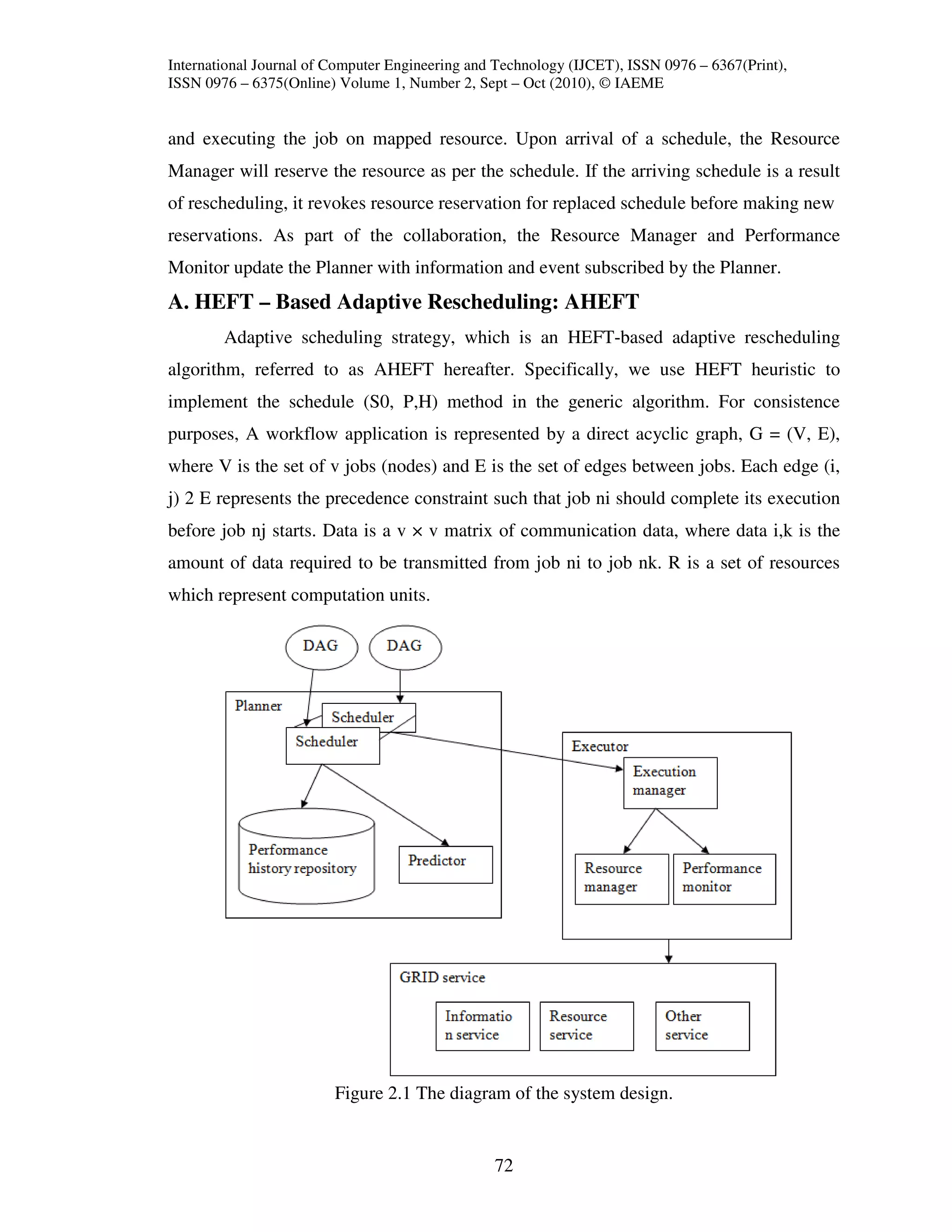 International Journal of Computer Engineering and Technology (IJCET), ISSN 0976 – 6367(Print),
ISSN 0976 – 6375(Online) Volume 1, Number 2, Sept – Oct (2010), © IAEME


and executing the job on mapped resource. Upon arrival of a schedule, the Resource
Manager will reserve the resource as per the schedule. If the arriving schedule is a result
of rescheduling, it revokes resource reservation for replaced schedule before making new
reservations. As part of the collaboration, the Resource Manager and Performance
Monitor update the Planner with information and event subscribed by the Planner.
A. HEFT – Based Adaptive Rescheduling: AHEFT
        Adaptive scheduling strategy, which is an HEFT-based adaptive rescheduling
algorithm, referred to as AHEFT hereafter. Specifically, we use HEFT heuristic to
implement the schedule (S0, P,H) method in the generic algorithm. For consistence
purposes, A workflow application is represented by a direct acyclic graph, G = (V, E),
where V is the set of v jobs (nodes) and E is the set of edges between jobs. Each edge (i,
j) 2 E represents the precedence constraint such that job ni should complete its execution
before job nj starts. Data is a v × v matrix of communication data, where data i,k is the
amount of data required to be transmitted from job ni to job nk. R is a set of resources
which represent computation units.




                         Figure 2.1 The diagram of the system design.


                                                 72
 