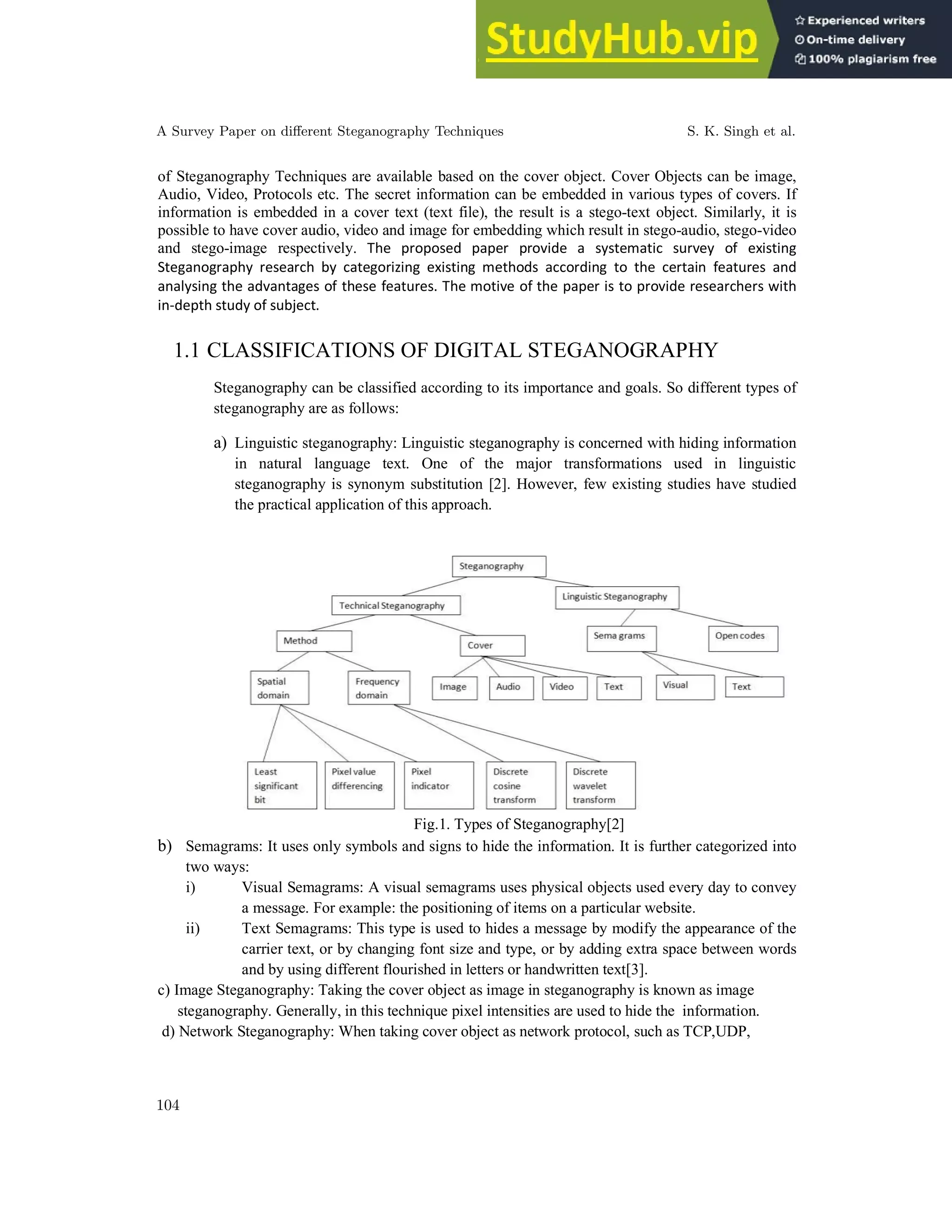 of Steganography Techniques are available based on the cover object. Cover Objects can be image,
Audio, Video, Protocols etc. The secret information can be embedded in various types of covers. If
information is embedded in a cover text (text file), the result is a stego-text object. Similarly, it is
possible to have cover audio, video and image for embedding which result in stego-audio, stego-video
and stego-image respectively. The proposed paper provide a systematic survey of existing
Steganography research by categorizing existing methods according to the certain features and
analysing the advantages of these features. The motive of the paper is to provide researchers with
in-depth study of subject.
1.1 CLASSIFICATIONS OF DIGITAL STEGANOGRAPHY
Steganography can be classified according to its importance and goals. So different types of
steganography are as follows:
a) Linguistic steganography: Linguistic steganography is concerned with hiding information
in natural language text. One of the major transformations used in linguistic
steganography is synonym substitution [2]. However, few existing studies have studied
the practical application of this approach.
Fig.1. Types of Steganography[2]
b) Semagrams: It uses only symbols and signs to hide the information. It is further categorized into
two ways:
i) Visual Semagrams: A visual semagrams uses physical objects used every day to convey
a message. For example: the positioning of items on a particular website.
ii) Text Semagrams: This type is used to hides a message by modify the appearance of the
carrier text, or by changing font size and type, or by adding extra space between words
and by using different flourished in letters or handwritten text[3].
c) Image Steganography: Taking the cover object as image in steganography is known as image
steganography. Generally, in this technique pixel intensities are used to hide the information.
d) Network Steganography: When taking cover object as network protocol, such as TCP,UDP,
A Survey Paper on different Steganography Techniques S. K. Singh et al.
104
 