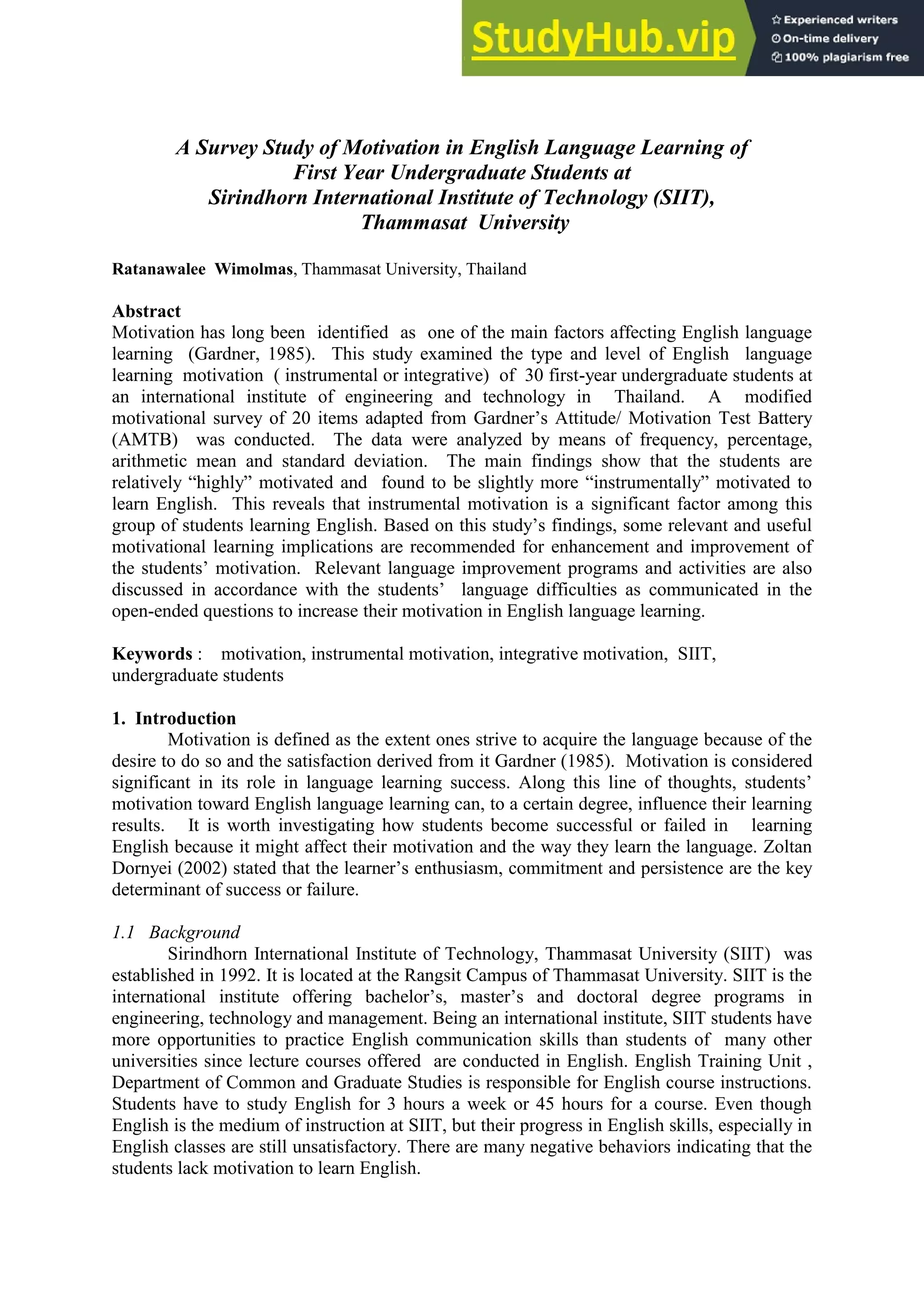 A Survey Study Of Motivation In English Language Learning Of First Year ...