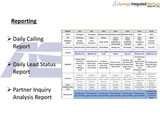 Reporting
 Daily Calling
Report
 Daily Lead Status
Report
 Partner Inquiry
Analysis Report
 
