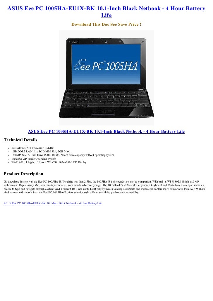 Asus Eee Pc 1005ha Eu1x Bk 10 1 Inch Black Netbook 4 Hour Battery L