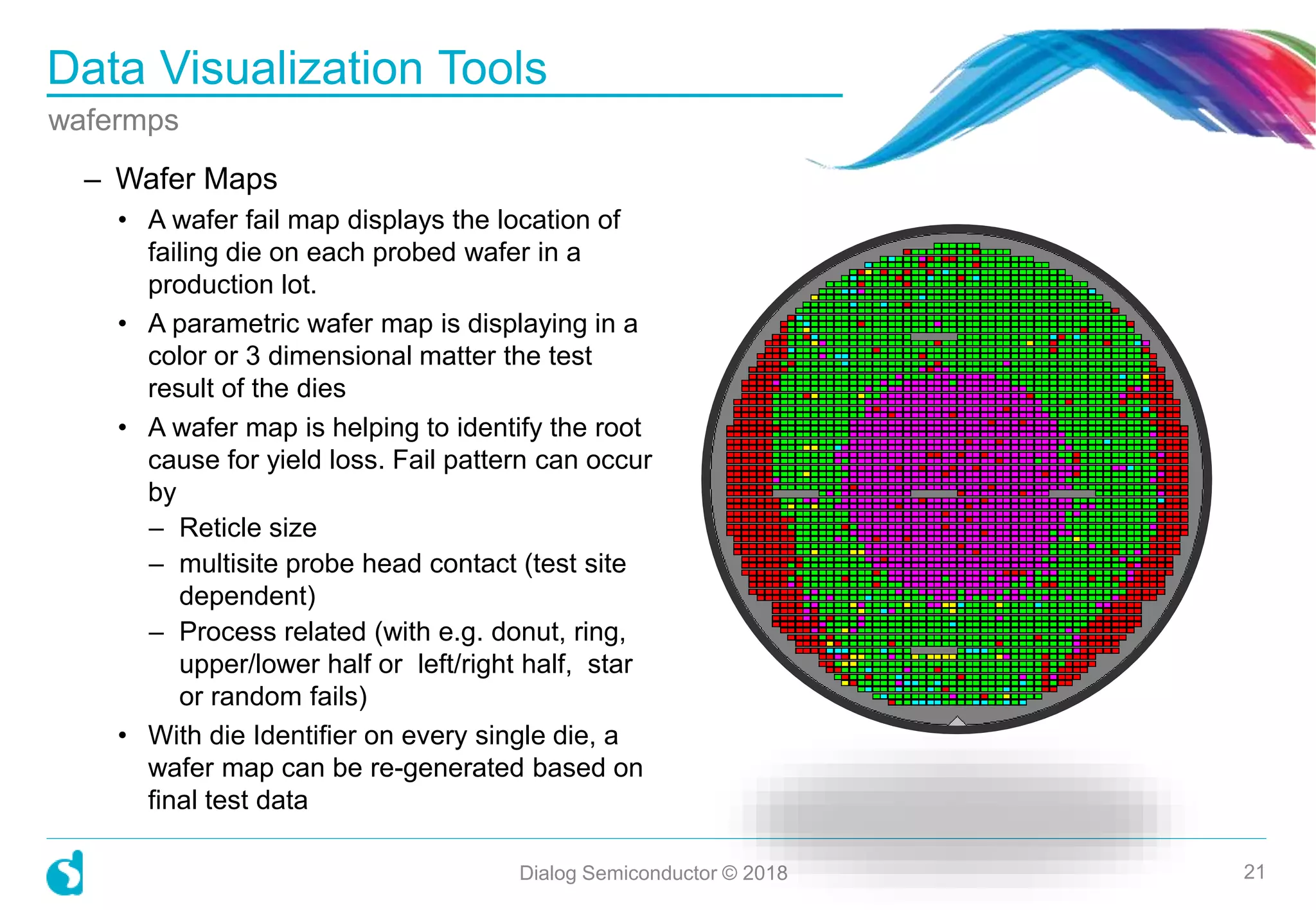 – Wafer Maps
• A wafer fail map displays the location of
failing die on each probed wafer in a
production lot.
• A parametric wafer map is displaying in a
color or 3 dimensional matter the test
result of the dies
• A wafer map is helping to identify the root
cause for yield loss. Fail pattern can occur
by
– Reticle size
– multisite probe head contact (test site
dependent)
– Process related (with e.g. donut, ring,
upper/lower half or left/right half, star
or random fails)
• With die Identifier on every single die, a
wafer map can be re-generated based on
final test data
Data Visualization Tools
wafermps
Dialog Semiconductor © 2018 21
 