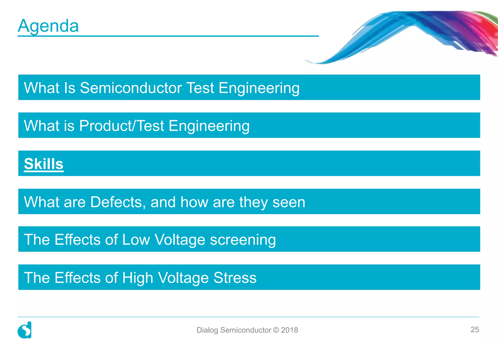 What Is Semiconductor Test Engineering
What is Product/Test Engineering
Skills
What are Defects, and how are they seen
The Effects of Low Voltage screening
The Effects of High Voltage Stress
Dialog Semiconductor © 2018 25
Agenda
 