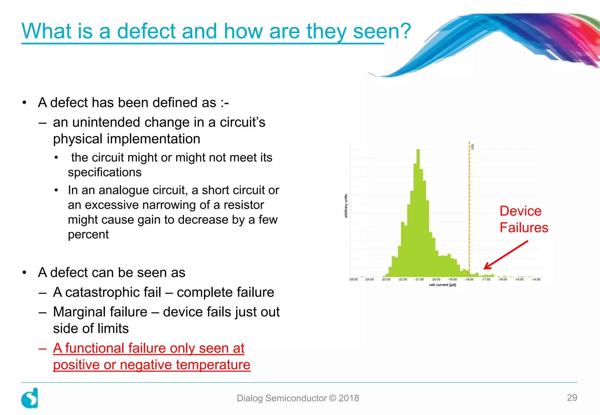 • A defect has been defined as :-
– an unintended change in a circuit’s
physical implementation
• the circuit might or might not meet its
specifications
• In an analogue circuit, a short circuit or
an excessive narrowing of a resistor
might cause gain to decrease by a few
percent
• A defect can be seen as
– A catastrophic fail – complete failure
– Marginal failure – device fails just out
side of limits
– A functional failure only seen at
positive or negative temperature
What is a defect and how are they seen?
Dialog Semiconductor © 2018 29
Device
Failures
 