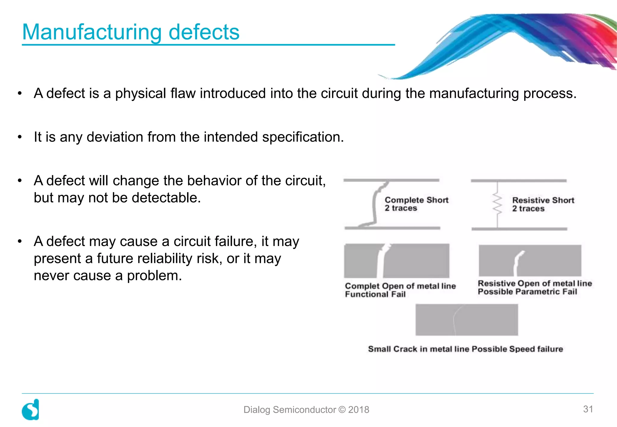 Manufacturing defects
Dialog Semiconductor © 2018 31
• A defect is a physical flaw introduced into the circuit during the manufacturing process.
• It is any deviation from the intended specification.
• A defect will change the behavior of the circuit,
but may not be detectable.
• A defect may cause a circuit failure, it may
present a future reliability risk, or it may
never cause a problem.
 