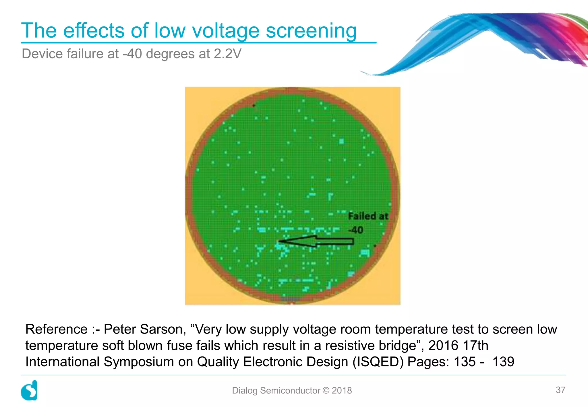 The effects of low voltage screening
Device failure at -40 degrees at 2.2V
Dialog Semiconductor © 2018 37
Reference :- Peter Sarson, “Very low supply voltage room temperature test to screen low
temperature soft blown fuse fails which result in a resistive bridge”, 2016 17th
International Symposium on Quality Electronic Design (ISQED) Pages: 135 - 139
 