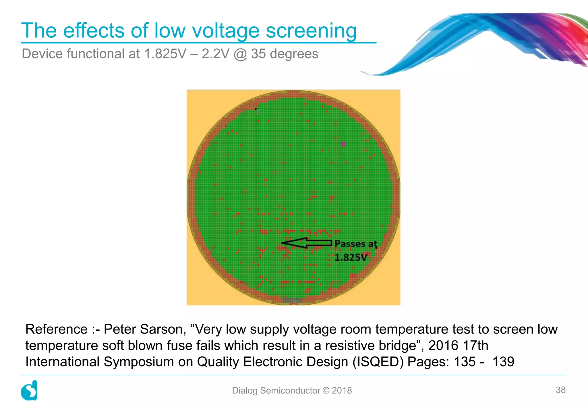The effects of low voltage screening
Device functional at 1.825V – 2.2V @ 35 degrees
Dialog Semiconductor © 2018 38
Reference :- Peter Sarson, “Very low supply voltage room temperature test to screen low
temperature soft blown fuse fails which result in a resistive bridge”, 2016 17th
International Symposium on Quality Electronic Design (ISQED) Pages: 135 - 139
 