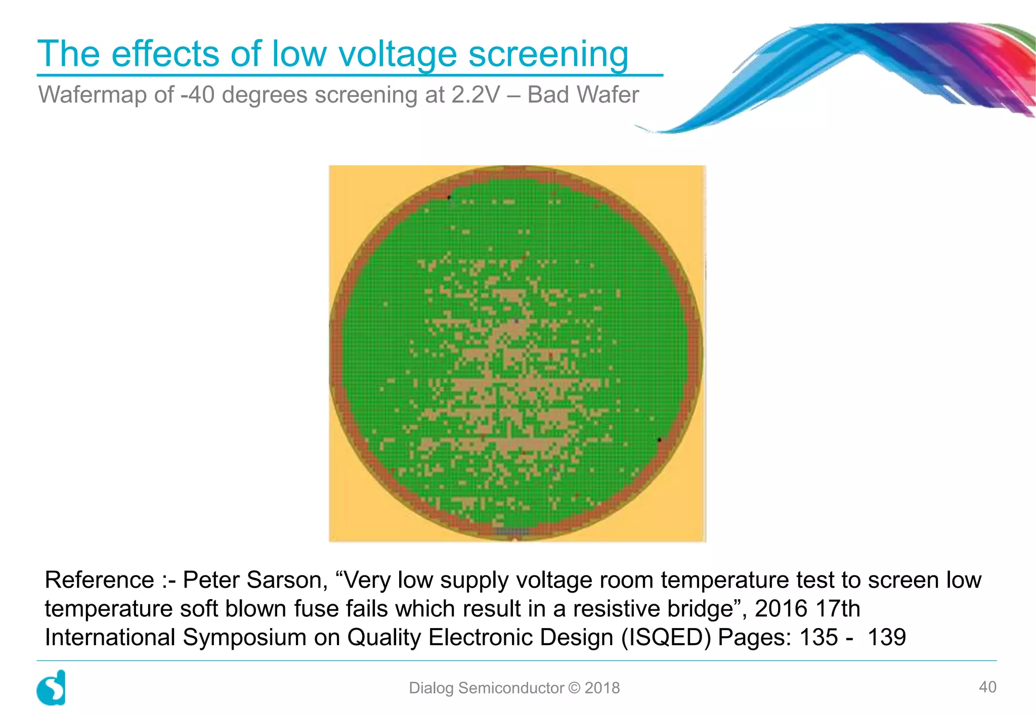 The effects of low voltage screening
Wafermap of -40 degrees screening at 2.2V – Bad Wafer
Dialog Semiconductor © 2018 40
Reference :- Peter Sarson, “Very low supply voltage room temperature test to screen low
temperature soft blown fuse fails which result in a resistive bridge”, 2016 17th
International Symposium on Quality Electronic Design (ISQED) Pages: 135 - 139
 