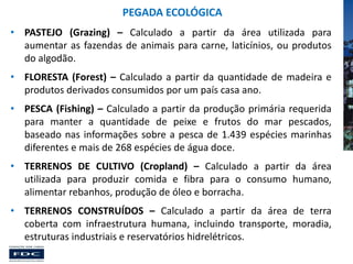 PEGADA ECOLÓGICA
• PASTEJO (Grazing) – Calculado a partir da área utilizada para
aumentar as fazendas de animais para carne, laticínios, ou produtos
do algodão.
• FLORESTA (Forest) – Calculado a partir da quantidade de madeira e
produtos derivados consumidos por um país casa ano.
• PESCA (Fishing) – Calculado a partir da produção primária requerida
para manter a quantidade de peixe e frutos do mar pescados,
baseado nas informações sobre a pesca de 1.439 espécies marinhas
diferentes e mais de 268 espécies de água doce.

• TERRENOS DE CULTIVO (Cropland) – Calculado a partir da área
utilizada para produzir comida e fibra para o consumo humano,
alimentar rebanhos, produção de óleo e borracha.
• TERRENOS CONSTRUÍDOS – Calculado a partir da área de terra
coberta com infraestrutura humana, incluindo transporte, moradia,
estruturas industriais e reservatórios hidrelétricos.

 
