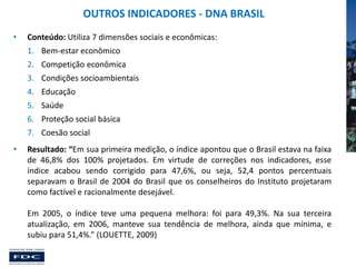 OUTROS INDICADORES - DNA BRASIL
•

Conteúdo: Utiliza 7 dimensões sociais e econômicas:
1. Bem-estar econômico
2. Competição econômica
3. Condições socioambientais

4. Educação
5. Saúde
6. Proteção social básica
7. Coesão social
•

Resultado: “Em sua primeira medição, o índice apontou que o Brasil estava na faixa
de 46,8% dos 100% projetados. Em virtude de correções nos indicadores, esse
índice acabou sendo corrigido para 47,6%, ou seja, 52,4 pontos percentuais
separavam o Brasil de 2004 do Brasil que os conselheiros do Instituto projetaram
como factível e racionalmente desejável.
Em 2005, o índice teve uma pequena melhora: foi para 49,3%. Na sua terceira
atualização, em 2006, manteve sua tendência de melhora, ainda que mínima, e
subiu para 51,4%.” (LOUETTE, 2009)

 