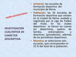 DISEÑO METODOLÓGICOUniverso: las escuelas de formación deportiva  del municipio de Neiva.Población: las 24 escuelas de formación deportiva que existen en la ciudad de Neiva, avalada y registrada por la Liga de Fútbol del Huila. En los clubes deportivos  se tienen en cuenta los deportistas, padres de familia, entrenadores y directivos (presidente); además de los periodistas deportivos.Muestra: se seleccionanseis escuelas, que corresponden al 25 % del total de la población. INVESTIGACIÓN CUALITATIVA DE CARÁCTER DESCRIPTIVA.