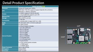 TINKER BOARD/2GB
Processor Cortex-A17 Quad-core 1.8GHz
GPU
ARM Mali-T764 GPU supports Support OpenGL ES1.1/2.0/3.0,
OpenVG1.1, OpenCL, DirectX11
Display
1 x HDMI, supports H.264 4K decode
1 x 15-pin MIPI DSI supports up to HD
Memory Size Dual-CH LPDDR3 2GB
Storage Micro SD(TF) card slot
Connectivity
1 x GB LAN
1 x wireless 802.11 b/g/n & BT 4.0 + EDR
Audio RTL HD Codec with 1 x 3.5mm audio jack
USB 4 x USB 2.0 ports
Internal Headers
1 x 40-pin headers includes:
- up to 28 x GPIO pins
- up to 2 x SPI bus
- up to 2 x I2C bus
- up to 4 x UART
- up to 2 x PWM
- up to 1 x PCM/I2S
- 2 x 5V power pins
- 2 x 3.3V power pins
- 8 x ground pins
1 x 2-pin contact points includes:
- 1 x PWM signal
- 1 x S/PDIF signal
Power Connector Micro USB (5V/2A)
OS Support Debian/KODI
Dimension 3.37" x 2.125"
Detail Product Specification
3.37”
2.215”
 