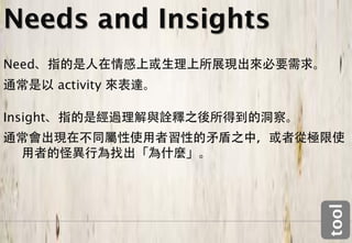 Needs and Insights
Need
          activity

Insight




                     tool
 