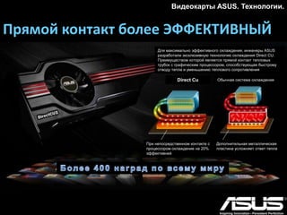 Видеокарты ASUS. Технологии.
Технология Super Alloy Power подразумевает
использование в системе питания видеокарты самых
высококачественных компонентов: дросселей,
конденсаторов и силовых транзисторов. В результате
увеличивается срок службы и эффективность работы
видеокарты. Super Alloy Power: рост производительности на
15%, снижение температуры на 35 градусов, в 2,5 раза
увеличенный срок службы видеокарты.
 