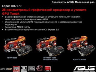 Серия HD7770
Видеокарты ASUS c эффективной системой
охлаждения
• Высокоэффективная система охлаждения DirectCU с тепловыми трубками,
непосредственно контактирующими с GPU
• Эксклюзивная утилита GPU Tweak для мониторинга и настройки параметров
видеокарты
• Технология AMD Eyefinity
• Высокоскоростная графическая шина PCI Express 3.0
Видеокарты ASUS. Модельный ряд.
HD7770-2GD5 HD7770-DC-1GD5
HD7770-DCT-1GD5
 