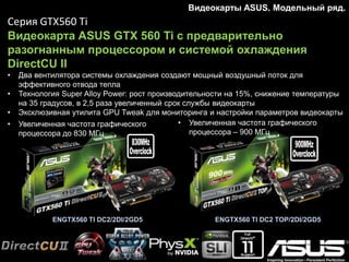 Серия GTX660Ti
Игровая видеокарта с тихой и эффективной системой
охлаждения
• Система охлаждения DirectCU II с увеличенной площадью теплоотдачи обеспечивает в
шесть раз более мощный воздушный поток, чем кулер референсной видеокарты
• Цифровая система питания DIGI+ и компоненты Super Alloy Power обеспечивают
стабильную работу даже в режиме разгона
• Эксклюзивная утилита GPU Tweak для мониторинга и настройки параметров видеокарты
Видеокарты ASUS. Модельный ряд.
 