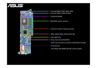  F i hild PBKAF FBKFJ FDMC 7696
  Fairchild PBKAF FBKFJ FDMC 7696 
 Fairchild PBKAF FDMC 0310AS
 Richtek RT8166B 

4GB DDR3 system memory



 Intel Core i3/i5/i7 mobile processor 


 SATA ADATA XM11 SSD/SanDisk SSD
  SATA, ADATA XM11 SSD/SanDisk SSD

 Intel QS67 PCH
 Texas Instruments BQ24740;
  Multi‐Cell Synchronous Switch‐mode Battery Charger 
 minicard slot; 
  AzureWave AW‐NB086 WiFi/BT combo module
 