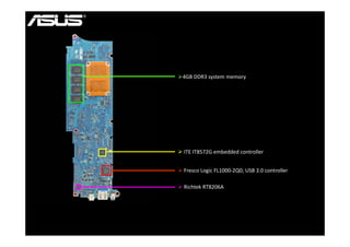 4GB DDR3 system memory




 ITE IT8572G embedded controller
  ITE IT8572G embedded controller


 Fresco Logic FL1000‐2Q0; USB 3.0 controller 

 Richtek RT8206A 
 