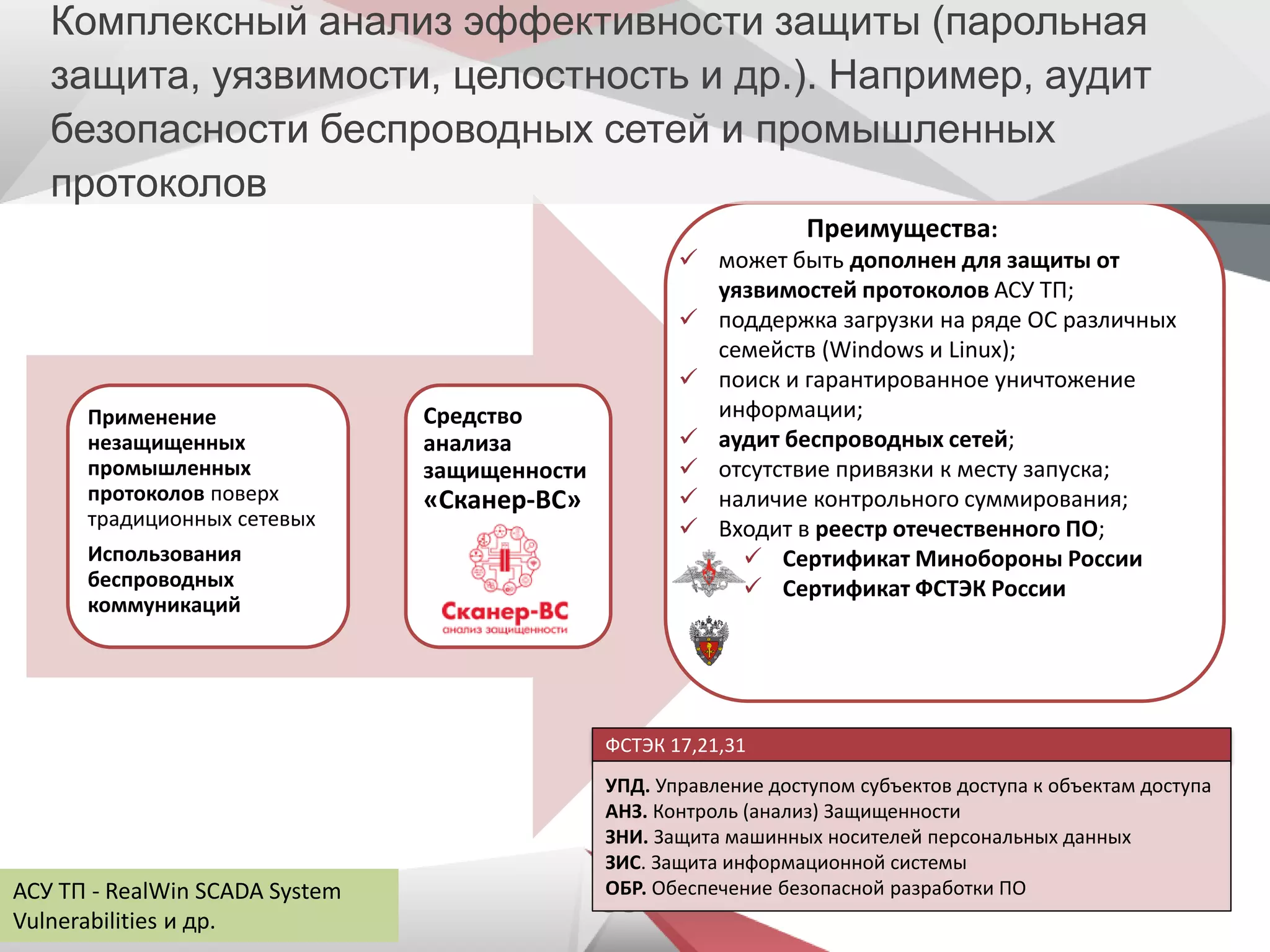 3939
Применение
незащищенных
промышленных
протоколов поверх
традиционных сетевых
Использования
беспроводных
коммуникаций
Средство
анализа
защищенности
«Сканер-ВС»
Преимущества:
 может быть дополнен для защиты от
уязвимостей протоколов АСУ ТП;
 поддержка загрузки на ряде ОС различных
семейств (Windows и Linux);
 поиск и гарантированное уничтожение
информации;
 аудит беспроводных сетей;
 отсутствие привязки к месту запуска;
 наличие контрольного суммирования;
 Входит в реестр отечественного ПО;
 Сертификат Минобороны России
 Сертификат ФСТЭК России
ФСТЭК 17,21,31
УПД. Управление доступом субъектов доступа к объектам доступа
АНЗ. Контроль (анализ) Защищенности
ЗНИ. Защита машинных носителей персональных данных
ЗИС. Защита информационной системы
ОБР. Обеспечение безопасной разработки ПОАСУ ТП - RealWin SCADA System
Vulnerabilities и др.
Комплексный анализ эффективности защиты (парольная
защита, уязвимости, целостность и др.). Например, аудит
безопасности беспроводных сетей и промышленных
протоколов
 