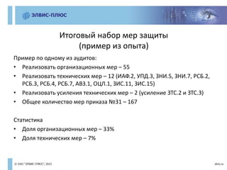 Итоговый набор мер защиты
(пример из опыта)
Пример по одному из аудитов:
• Реализовать организационных мер – 55
• Реализовать технических мер – 12 (ИАФ.2, УПД.3, ЗНИ.5, ЗНИ.7, РСБ.2,
РСБ.3, РСБ.4, РСБ.7, АВЗ.1, ОЦЛ.1, ЗИС.11, ЗИС.15)
• Реализовать усиления технических мер – 2 (усиление ЗТС.2 и ЗТС.3)
• Общее количество мер приказа №31 – 167
Статистика
• Доля организационных мер – 33%
• Доля технических мер – 7%
 