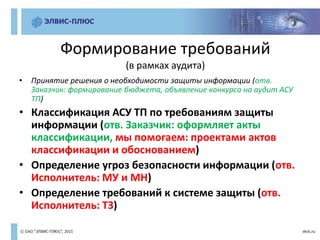 Формирование требований
(в рамках аудита)
• Принятие решения о необходимости защиты информации (отв.
Заказчик: формирование бюджета, объявление конкурса на аудит АСУ
ТП)
• Классификация АСУ ТП по требованиям защиты
информации (отв. Заказчик: оформляет акты
классификации, мы помогаем: проектами актов
классификации и обоснованием)
• Определение угроз безопасности информации (отв.
Исполнитель: МУ и МН)
• Определение требований к системе защиты (отв.
Исполнитель: ТЗ)
 