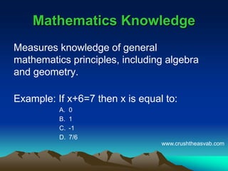Mathematics KnowledgeMathematics Knowledge
Measures knowledge of general
mathematics principles, including algebra
and geometry.
Example: If x+6=7 then x is equal to:
A. 0
B. 1
C. -1
D. 7/6
www.crushtheasvab.com
 