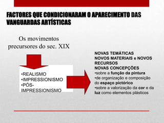 FACTORES QUE CONDICIONARAM O APARECIMENTO DAS
VANGUARDAS ARTÍSTICAS
Os movimentos
precursores do sec. XIX

•REALISMO
•IMPRESSIONISMO
•PÓSIMPRESSIONISMO

NOVAS TEMÁTICAS
NOVOS MATERIAIS e NOVOS
RECURSOS
NOVAS CONCEPÇÕES
•sobre a função da pintura
•de organização e composição
do espaço pictórico
•sobre a valorização da cor e da
luz como elementos plásticos

 