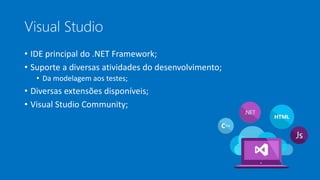 Visual Studio
• IDE principal do .NET Framework;
• Suporte a diversas atividades do desenvolvimento;
• Da modelagem aos testes;
• Diversas extensões disponíveis;
• Visual Studio Community;
 