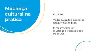 Mudança
cultural na
prática
Em 2016.
Visitei 15 capitais brasileiras,
130 agências digitais.
O mesmo desaﬁo:
mudança de mentalidade
e cultural.
 