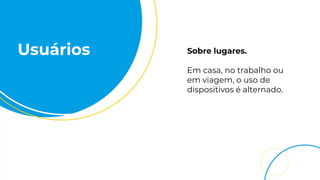 Usuários Sobre lugares.
Em casa, no trabalho ou
em viagem, o uso de
dispositivos é alternado.
 