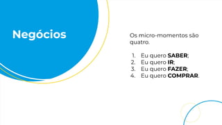 Negócios Os micro-momentos são
quatro.
1. Eu quero SABER;
2. Eu quero IR;
3. Eu quero FAZER;
4. Eu quero COMPRAR.
 