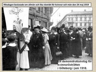 Riksdagen beslutade om allmän och lika rösträtt för kvinnor och män den 24 maj 1919
 