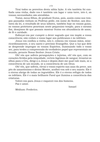 173
Tirai todos os proveitos desta sábia lição. A vós também foi con-
fiada uma vinha, dado vos é também um lagar e uma torre, isto é, as
vossas necessidades são atendidas.
Tratai, meus filhos, de produzir frutos, pois, assim como nos tem-
pos passados vinham os Profetas pedir, em nome do Senhor, aos dou-
tores da lei, o resultado de seus labores, também hoje os vossos guias,
os vossos protetores penetram neste pequenino templo, para o mesmo
fim, desejosos de que possais mostrar frutos em abundância de amor,
de fé e caridade.
Esforçai-vos por cumprir o dever sagrado que vos impõe a vossa
consciência; não cedais o vosso lagar aos publicanos e às infelizes.
Jesus vos confiou a vinha, isto é, colocou em vossas mãos, mise-
ricordiosamente, o seu santo e precioso Evangelho. Que a luz que dele
se desprende impregne os vossos Espíritos, iluminando todo o vosso
ser, para terdes a compreensão do verdadeiro papel que representais no
mundo, perante Nosso Senhor Jesus Cristo.
Oh! vós que sofreis perseguições e injúrias, oh! vós que, com os
corações feridos pela iniquidade, verteis lágrimas de sangue; levantai os
olhos para o Céu, dirigi-o a Jesus e depois dizei-me qual vale mais, se a
consciência de um mundo, se a consciência de um Deus.
Oh! vós, que sofreis, elevai o vosso espírito nas asas da prece, aos
pés do amantíssimo e divino Mestre, acolhei-vos sob o seu manto. Ele é
o eterno abrigo de todas as ingratidões. Ele é o eterno refúgio de todos
os infelizes. Ele é o mais brilhante Farol que ilumina a consciência das
criaturas.
Volvei-vos para Jesus e esquecei-vos dos homens.
Paz e amor.
							Ismael
Médium: Frederico.
 