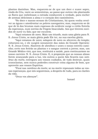 65
plantas daninhas. Mas, esquecem-se de que um doce e suave sopro,
vindo do Céu, varre as sementeiras, ao passo que outros vão plantando
as flores que embelezam a estrada conducente à verdade, para encher
de aromas deliciosos a alma e o coração dos caminheiros.
“No doce e manso oceano do Cristianismo, há quem venha revol-
ver as águas e amedrontar os pobres navegantes; mas, esquecem-se de
que de lá das brumas mais espessas do ocidente surge a rútila Estrela
da esperança, num sorriso da Virgem Imaculada. Aos que tiverem ouvi-
dos de ouvir eu falo; que me escutem.
“Aqui estamos de novo. Mais um triunfo, mais uma glória para N.
S. Jesus Cristo, se mais glória pode Ele ter, na sua excelsa glória.
“Aqui estamos de novo; solapem de novo os alicerces do templo;
esboroem-no, e ele surgirá novamente das mãos do Grande Operário:
N. S. Jesus Cristo. Alastrem de abrolhos e urzes o nosso estreito cami-
nho; certo nos ferirão as plantas e o sangue correrá a jorros; mas, um
Grande Médico virá, que nos, restituirá a saúde, para continuarmos no
nosso carreiro: N. S. Jesus Cristo. E, à proporção que as nossas almas
forem avançando para a luz, vós outros a quem falo ficareis nas som-
bras da morte, entregues aos vossos cuidados, de tudo destruir, quais
iconoclastas, sem nunca poderdes construir coisa alguma de bom, que
aproveite aos vossos Espíritos.
“Ficai nas sombras da morte, se na morte repousam todas as vos-
sas esperanças, que nós seguiremos, a despeito de tudo, para os clarões
da vida.
“Deus vos abençoe”.
							Ismael
 