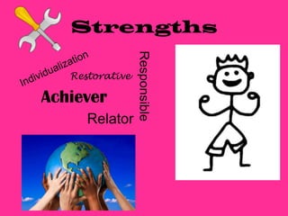 Strengths




                 Responsible
   Restorative

Achiever
      Relator
 