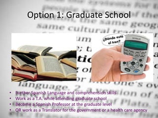 Option 1: Graduate School




•   Further Spanish Language and comprehension skills
•   Work as a T.A. while attending graduate school
•   Become a Spanish Professor at the graduate level
•   OR work as a Translator for the government or a health care agency
 