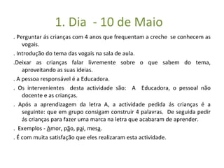 1. Dia  - 10 de Maio  . Perguntar ás crianças com 4 anos que frequentam a creche  se conhecem as vogais. . Introdução do tema das vogais na sala de aula.  .Deixar as crianças falar livremente sobre o que sabem do tema, aproveitando as suas ideias.  . A pessoa responsável é a Educadora. . Os intervenientes  desta actividade são:  A  Educadora, o pessoal não docente e as crianças.  . Após a aprendizagem da letra A, a actividade pedida ás crianças é a seguinte: que em grupo consigam construir 4 palavras.  De seguida pedir ás crianças para fazer uma marca na letra que acabaram de aprender.  .  Exemplos -  A mor, p ã o, p a i, mes a .  . É com muita satisfação que eles realizaram esta actividade.  