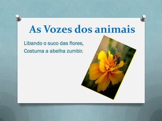As Vozes dos animais
Libando o suco das flores,
Costuma a abelha zumbir.
 