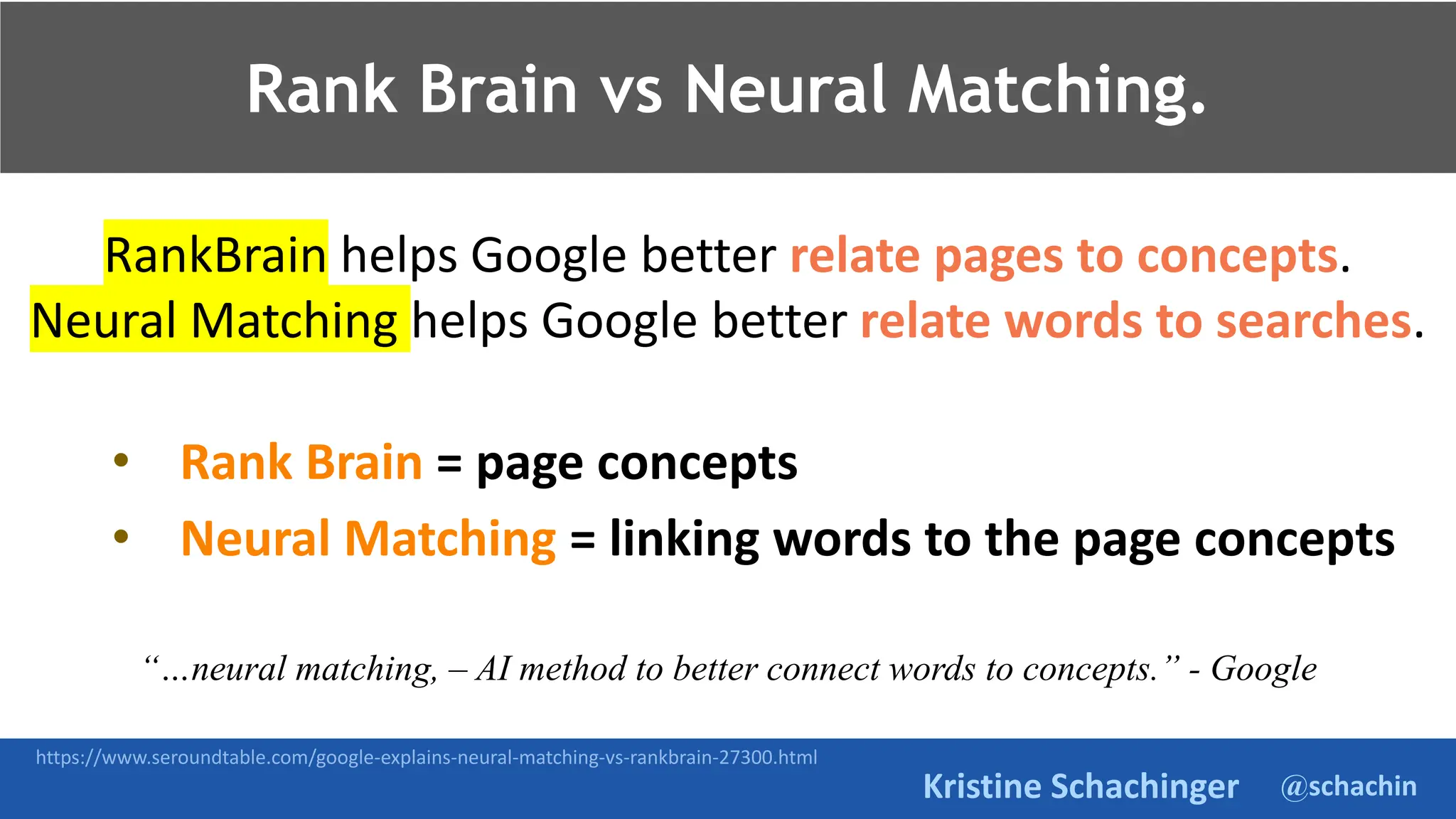 @schachin
Kristine Schachinger
Rank Brain vs Neural Matching.
RankBrain helps Google better relate pages to concepts.
Neural Matching helps Google better relate words to searches.
• Rank Brain = page concepts
• Neural Matching = linking words to the page concepts
“…neural matching, – AI method to better connect words to concepts.” - Google
https://www.seroundtable.com/google-explains-neural-matching-vs-rankbrain-27300.html
 