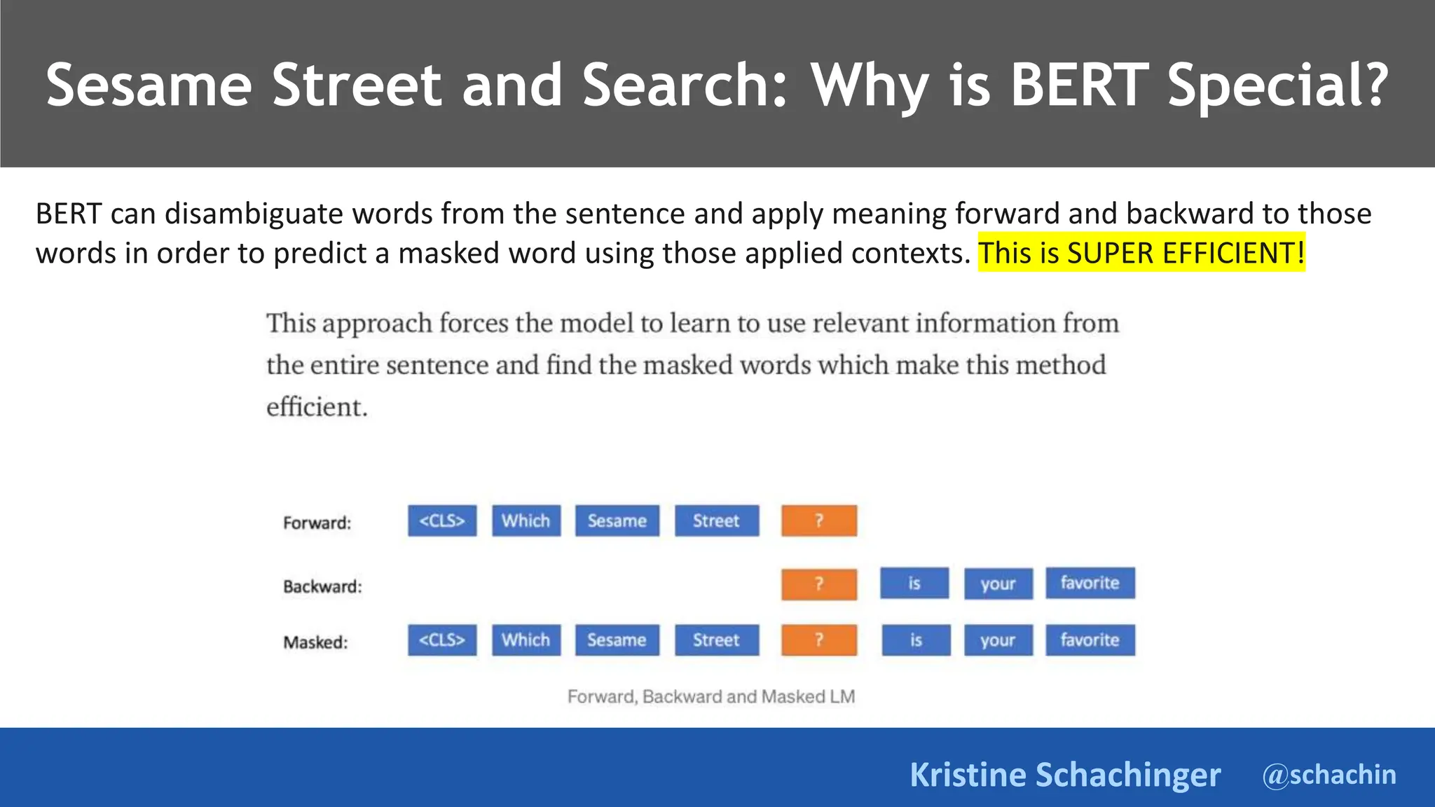 @schachin
Kristine Schachinger
Sesame Street and Search: Why is BERT Special?
BERT can disambiguate words from the sentence and apply meaning forward and backward to those
words in order to predict a masked word using those applied contexts. This is SUPER EFFICIENT!
 