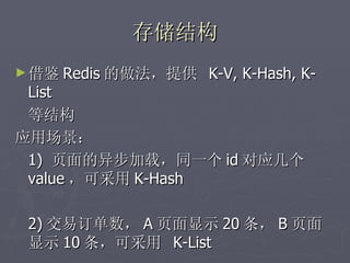 存储结构
► 借鉴 Redis 的做法，提供   K-V, K-Hash, K-
 List
 等结构
应用场景：
 1) 页面的异步加载，同一个 id 对应几个
 value ，可采用 K-Hash

 2) 交易订单数， A 页面显示 20 条， B 页面
 显示 10 条，可采用 K-List
 