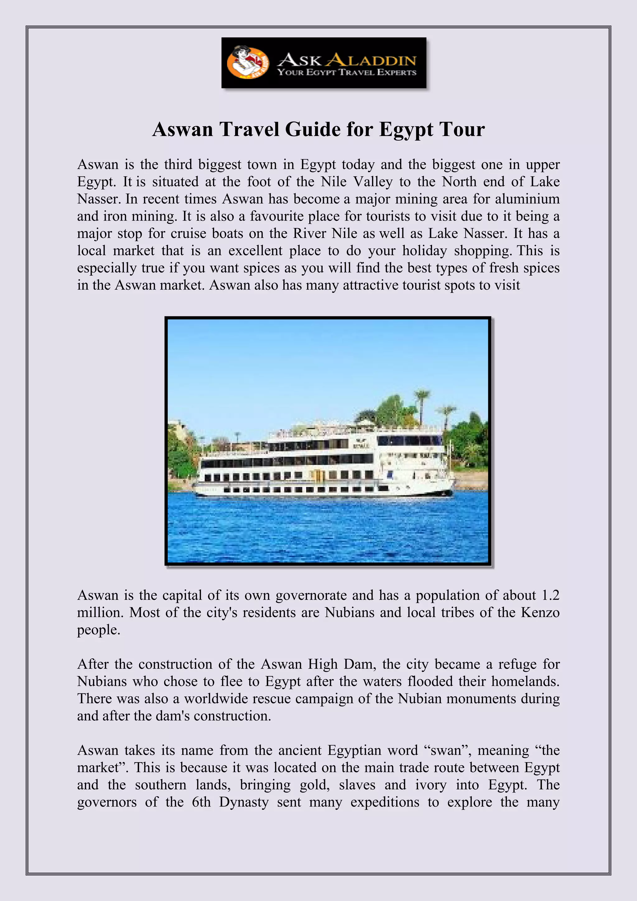 Aswan Travel Guide for Egypt Tour | PDF