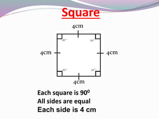 Square
4cm
4cm 4cm
4cm
Each square is 900
All sides are equal
Each side is 4 cm