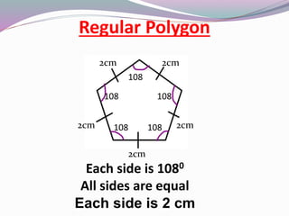 Regular Polygon
2cm 2cm
108
108
108
108
108
2cm
2cm
2cm
Each side is 1080
All sides are equal
Each side is 2 cm