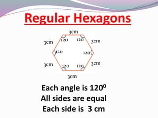 Regular Hexagons
3cm
120 120
120 120
120 120
3cm
3cm
3cm
3cm
3cm
Each angle is 1200
All sides are equal
Each side is 3 cm