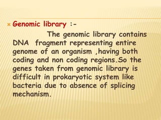  Genomic library :-
The genomic library contains
DNA fragment representing entire
genome of an organism ,having both
coding and non coding regions.So the
genes taken from genomic library is
difficult in prokaryotic system like
bacteria due to absence of splicing
mechanism.
 