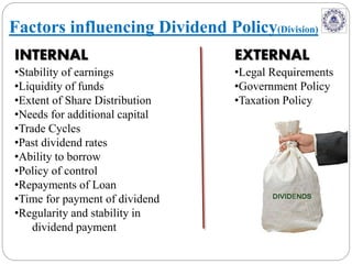 INTERNAL
•Stability of earnings
•Liquidity of funds
•Extent of Share Distribution
•Needs for additional capital
•Trade Cycles
•Past dividend rates
•Ability to borrow
•Policy of control
•Repayments of Loan
•Time for payment of dividend
•Regularity and stability in
dividend payment
EXTERNAL
•Legal Requirements
•Government Policy
•Taxation Policy
Factors influencing Dividend Policy(Division)
 