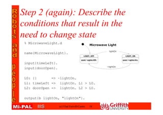 IIISIIIS
Step 2 (again): Describe
the conditions that result in
the need to change state
(c) Vlad Estivill-Castro 18
% MicrowaveLight.d
name{MicrowaveLight}.
input{timeLeft}.
input{doorOpen}.
L0: {} => ~lightOn.
L1: timeLeft => lightOn. L1 > L0.
L2: doorOpen => lightOn. L2 > L0.
output{b lightOn, "lightOn"}.
 