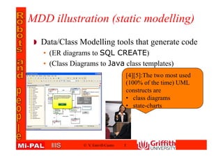 IIISIIIS
MDD illustration (static modelling)
Data/Class Modelling tools that generate code
• (ER diagrams to SQL CREATE)
• (Class Diagrams to Java class templates)
© V. Estivill-Castro 5
[4][5]:The two most used
(100% of the time) UML
constructs are
•class diagrams
•state-charts
 